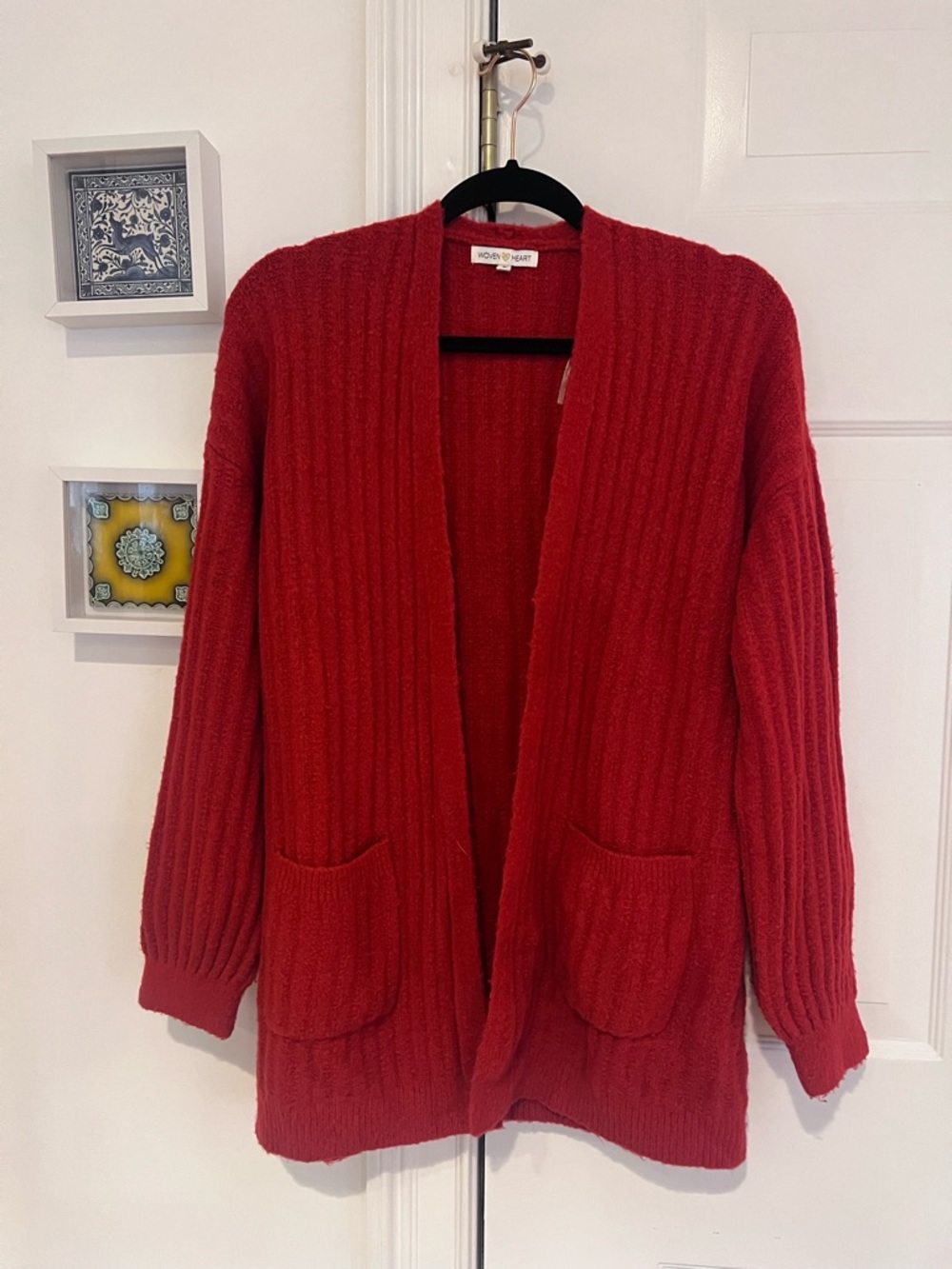 Woven Heart Red Open-Front Ribbed Cardigan Sweater S